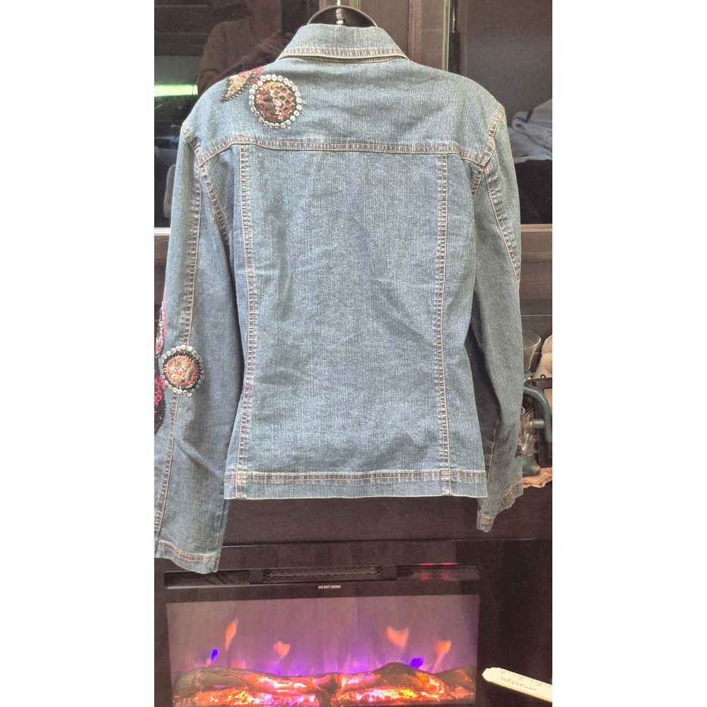 Boho Boutique Western Denim Jacket Embellished Embroidery Rhinestone Blue 14 L - Picture 8 of 12